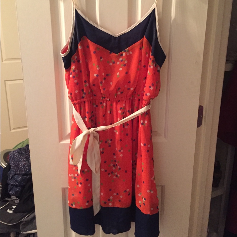 orange & blue polka dot dress